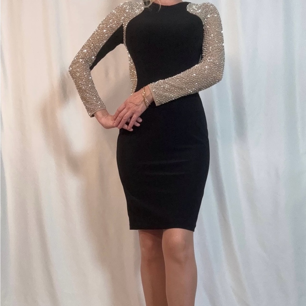 Xscape Black Dress with Gold Sequin Sleeves